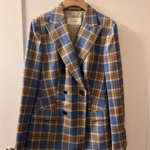 Blue and Tan Plaid Double-Breasted Blazer